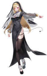 Rule 34 | 1girl, absurdres, black dress, black footwear, black thighhighs, blonde hair, blush, breasts, cleavage, closed mouth, commentary request, covered navel, demon tail, dress, full body, groin, hair ornament, hairclip, highres, large breasts, long hair, long sleeves, looking at viewer, nun, original, outstretched arm, puffy long sleeves, puffy sleeves, purple eyes, see-through, see-through sleeves, shoes, simple background, smile, solo, standing, standing on one leg, sugar (dndi888), tail, thighhighs, veil, very long hair, white background