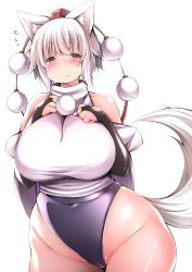 Rule 34 | 1girl, animal ears, bare shoulders, blush, breasts, bridal gauntlets, covered navel, curvy, detached sleeves, fang, fang out, flying sweatdrops, groin, hat, highres, huge breasts, inubashiri momiji, no pants, plump, pom pom (clothes), red eyes, shiny skin, shishi juuroku, short eyebrows, short hair, solo, swimsuit, swimsuit under clothes, tail, tokin hat, touhou, white background, white hair, wide hips, wolf ears, wolf tail