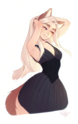 Rule 34 | 1girl, animal ears, armpits, arms up, artist name, bare arms, black dress, blue eyes, breasts, commentary, dress, fox ears, fox girl, fox tail, freckles, hands in hair, heterochromia, highres, long hair, losse (personal ami), original, parted lips, personal ami, simple background, sleeveless, sleeveless dress, small breasts, smile, solo, symbol-only commentary, tail, thick eyebrows, white background, white hair, yellow eyes