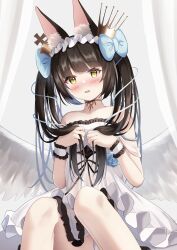 Rule 34 | 1girl, alternate hairstyle, angel wings, animal ear fluff, animal ears, azur lane, bare legs, bare shoulders, bed curtain, black hair, blue bow, blue flower, blue ribbon, blue rose, blunt bangs, blush, bow, collarbone, cowboy shot, crown, curtains, dress, dress bow, embarrassed, evening gown, feathered wings, feet out of frame, flower, fox ears, fox girl, frilled dress, frilled hairband, frills, hair bow, hair ornament, hairband, halo, headdress, highres, holding, holding hair, indoors, long hair, looking at viewer, mini crown, nagato (azur lane), nagato (guardian fox&#039;s procession) (azur lane), off-shoulder dress, off shoulder, official alternate costume, open mouth, panties, pantyshot, parted lips, ribbon, rose, see-through, see-through dress, see-through silhouette, sidelocks, simple background, sitting, sleeveless, sleeveless dress, solo, strapless, strapless dress, thighs, twintails, underwear, white background, white dress, white panties, white wings, wings, wrist cuffs, yellow eyes, yorumon