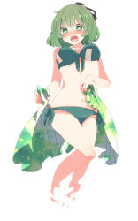Rule 34 | 1girl, aoi (annbi), bikini, blush, bow, breasts, female focus, ghost tail, green bikini, green eyes, green hair, hat, hat bow, highres, large breasts, looking at viewer, matching hair/eyes, navel, open mouth, sarong, short hair, soga no tojiko, solo, swimsuit, touhou