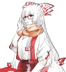 Rule 34 | 1girl, adjusting hair, asakura noi, bespectacled, bow, breasts, collared shirt, fujiwara no mokou, glasses, hair bow, lips, long hair, medium breasts, red eyes, scarf, shirt, simple background, sketch, solo, suspenders, touhou, upper body, white background, white hair
