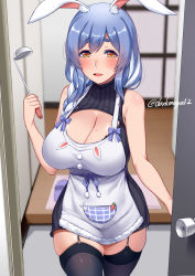 Rule 34 | 1girl, animal ear fluff, animal ears, apron, blue hair, blush, braid, breasts, rabbit ears, carrot, cleavage, cleavage cutout, clothing cutout, darkmaya, door, doormat, garter straps, hair ornament, hololive, ladle, large breasts, long hair, looking at viewer, mature female, mature female, multicolored hair, open mouth, pekomama, rabbit girl, slippers, smile, thighhighs, turtleneck, virtual youtuber