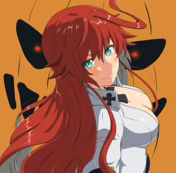Rule 34 | 1girl, ada badguy, ankh necklace, bell-bottoms, belt, bodysuit, breasts, cleavage, front slit, green eyes, guilty gear, guilty gear strive, highres, jack-o&#039; valentine, large breasts, long hair, pants, pumpkin, red hair, solo, too many, too many belts, white bodysuit