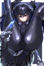 Rule 34 | 1girl, absurdres, ass, black bodysuit, black hair, blue eyes, blue hair, blush, bodysuit, breasts, clenched teeth, covered navel, from above, hair between eyes, highres, holding, holding another&#039;s tail, holding knife, knife, large breasts, latex, latex bodysuit, long hair, looking at viewer, original, retasu (lactuca810), shiny clothes, solo focus, tail, teeth, thick thighs, thighs, top-down bottom-up