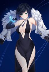 Rule 34 | 1girl, absurdres, arm up, armpits, black dress, black gloves, black hair, blue background, breasts, cleavage, coat, coat on shoulders, cocktail dress, dress, earrings, elbow gloves, feint721, fur trim, genshin impact, gloves, gradient background, green eyes, highres, jewelry, large breasts, looking at viewer, mole, mole on breast, necklace, no bra, parted lips, pelvic curtain, short hair, sideless outfit, sleeveless, sleeveless dress, solo, thighs, white coat, yelan (genshin impact)