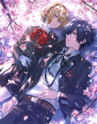 Rule 34 | 1boy, 1girl, absurdres, aegis (persona), android, asano (kazusasn), blonde hair, blue eyes, blue hair, bow, bowtie, branch, cherry blossoms, collared shirt, digital media player, falling petals, gekkoukan high school uniform, headphones, headphones around neck, highres, jacket, looking ahead, looking at another, lying, on back, on ground, open clothes, open jacket, parted lips, persona, persona 3, petals, pleated skirt, red bow, red bowtie, robot ears, school uniform, shadow, shirt, short hair, skirt, tree, upper body, yuuki makoto (persona 3)