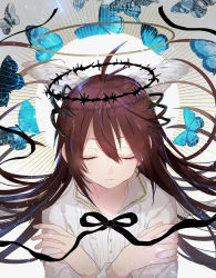 Rule 34 | 1girl, absurdres, black ribbon, blouse, blue butterfly, brown hair, bug, butterfly, canarinu, closed eyes, hair between eyes, highres, insect, long hair, long sleeves, neck ribbon, original, ribbon, shirt, solo, sunburst, tagme, white shirt