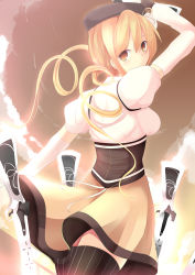 Rule 34 | 10s, 1girl, arm up, blonde hair, breasts, daiaru, drill hair, gun, hair ornament, hat, looking at viewer, magical girl, magical musket, mahou shoujo madoka magica, mahou shoujo madoka magica (anime), medium breasts, solo, striped clothes, striped thighhighs, thighhighs, tomoe mami, twin drills, twintails, vertical-striped clothes, vertical-striped thighhighs, weapon, yellow eyes