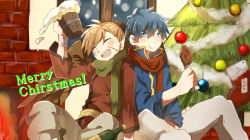 Rule 34 | 2boys, :d, alcohol, bad id, bad pixiv id, beer, bird wings, blue eyes, blue hair, blush, christmas tree, eating, closed eyes, fire emblem, fire emblem: path of radiance, food, green scarf, headband, ike (fire emblem), janaff, long sleeves, meat, merry christmas, multiple boys, nintendo, open mouth, red scarf, scarf, smile, souen senri, wings