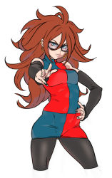 Rule 34 | 1girl, absurdres, android 21, arm warmers, bare shoulders, black-framed eyewear, black pantyhose, blue eyes, breasts, brown hair, covered navel, dragon ball, dragon ball fighterz, dress, earrings, female focus, glasses, guido (sucurapu), hand on own hip, highres, hip focus, hoop earrings, jewelry, looking at viewer, medium breasts, multicolored clothes, multicolored dress, nail polish, outstretched arm, pantyhose, simple background, sleeveless, sleeveless dress, solo, thighs, turtleneck, turtleneck dress, white background