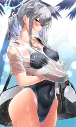 Rule 34 | 1girl, animal ear fluff, animal ears, blue archive, blue eyes, blue one-piece swimsuit, blush, breasts, collarbone, competition swimsuit, extra ears, grey hair, halo, highleg, highleg swimsuit, highres, kawai (purplrpouni), looking at viewer, medium breasts, medium hair, multicolored clothes, multicolored swimsuit, official alternate costume, one-piece swimsuit, open mouth, see-through, shiroko (blue archive), shiroko (swimsuit) (blue archive), shirt, short ponytail, short sleeves, sidelocks, solo, standing, swimsuit, thighs, variant set, wet, wet clothes, wet shirt, white shirt, wolf ears