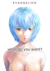 Rule 34 | 1girl, absurdres, ayanami rei, blue hair, breasts, completely nude, english text, faux traditional media, fcc (fengcheche), highres, neon genesis evangelion, nude, open mouth, red eyes, short hair, simple background, solo