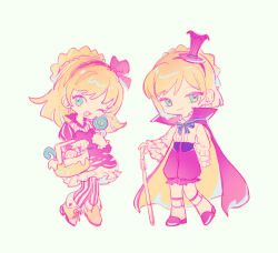 Rule 34 | 1boy, 1girl, as-zero, blonde hair, blue bow, blue bowtie, bow, bowtie, cape, dress, frilled dress, frills, full body, hat, highres, library of ruina, long hair, medium hair, mini hat, mini top hat, one eye closed, open mouth, pink cape, pink headwear, pink shorts, project moon, shorts, simple background, smile, socks, tiphereth a (project moon), tiphereth b (project moon), top hat, white background, white socks