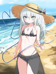 Rule 34 | 1girl, beach, bikini, black bikini, blue sky, blush, brown hat, commentary, flat chest, food, green eyes, groin, hat, heart, heart of string, holding, holding food, horizon, ice cream, jewelry, komeiji koishi, long hair, looking at viewer, navel, ocean, outdoors, pendant, reverinth, sarong, sky, solo, straw hat, swimsuit, third eye, touhou, variant set