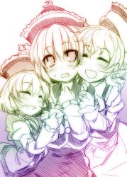 Rule 34 | 3girls, blush, crescent, closed eyes, female focus, hat, kazetto, long sleeves, lunasa prismriver, lyrica prismriver, merlin prismriver, monochrome, multiple girls, open mouth, short hair, siblings, sisters, sketch, smile, star (symbol), touhou