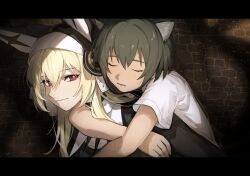 1boy 1girl animal_ears black_bar black_hair blonde_hair carrying child closed_eyes highres hug looking_back mephisto_(angraecum) nun original red_eyes sleeping smile star-shaped_pupils star_(symbol) symbol-shaped_pupils tall_female