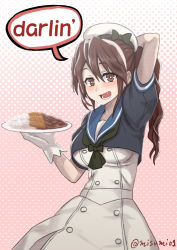 Rule 34 | 1girl, ashigara (kancolle), beret, brown eyes, brown hair, commentary, cosplay, curry, curry rice, english text, fang, food, hat, heart, heart-shaped pupils, jervis (kancolle) (cosplay), jervis (kancolle), kantai collection, misumi (niku-kyu), open mouth, ponytail, rice, smile, symbol-shaped pupils, teeth