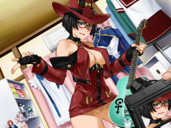 Rule 34 | 1girl, bare shoulders, black-framed eyewear, black hair, blue eyes, blush, breasts, camera, cleavage, clownculture, cosplay, cum, dress, electric guitar, embarrassed, covered erect nipples, facial, female focus, figure, fingerless gloves, glasses, gloves, guilty gear, guitar, hat, highres, holding, holding instrument, i-no, i-no (cosplay), index finger raised, indoors, instrument, large breasts, legs, looking at viewer, mole, mole above mouth, no panties, o-ring, o-ring top, open mouth, otaku room, pubic hair, pussy, pussy juice, red dress, revealing clothes, school uniform, short dress, short hair, solo focus, standing, thighs, wet, witch hat