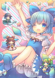 Rule 34 | 4girls, ahoge, bloomers, blue eyes, blue hair, bow, brown eyes, brown hair, cirno, coa (chroo x), daiyousei, dress, fins, fish tail, frilled shirt, frilled shirt collar, frilled skirt, frilled sleeves, frills, green eyes, green hair, hair bow, hair ribbon, hair tubes, hakurei reimu, hand up, head fins, ice, ice wings, large bow, long hair, looking at viewer, multiple girls, one eye closed, puffy sleeves, purple eyes, ribbon, shirt, short hair, short sleeves, side ponytail, skirt, solo focus, star (symbol), starry background, tail, touhou, underwear, wakasagihime, wings, wink