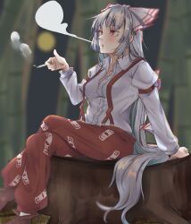 Rule 34 | 1girl, bamboo, bamboo forest, blurry, blurry background, blush, bow, cigarette, collared shirt, forest, fujiwara no mokou, full moon, grey hair, hair bow, highres, holding, holding cigarette, juliet sleeves, kanaria (bocmn), long hair, long sleeves, moon, nature, open mouth, outdoors, pants, puffy sleeves, red eyes, red pants, shirt, sitting, smoking, solo, suspenders, touhou, very long hair, white bow, white shirt