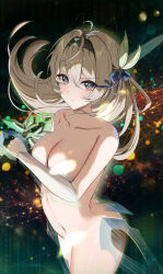 Rule 34 | 1girl, absurdres, ass, black hairband, blue ribbon, breasts, brown eyes, collarbone, commentary request, cowboy shot, firefly (honkai: star rail), grey hair, hair ornament, hair ribbon, hairband, highres, honkai: star rail, honkai (series), large breasts, long hair, looking at viewer, nude, revision, ribbon, solo, standing, thighs, yeni1871