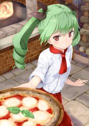 Rule 34 | 10s, 1girl, alternate costume, ame., anchovy (girls und panzer), apron, ascot, blush, bow, chef, drill hair, fire, firewood, food, girls und panzer, green hair, grin, hair bow, highres, indoors, long hair, looking at viewer, outstretched arm, oven, pizza, red eyes, revision, smile, solo, sparks, twin drills, waist apron, wood