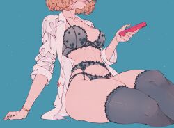 Rule 34 | 1girl, black bra, black panties, black thighhighs, blonde hair, blue background, bra, breasts, cleavage, crossed legs, elliemaplefox, glasses, holding, holding phone, large breasts, navel, open clothes, open shirt, original, panties, phone, shirt, sitting, solo, thighhighs, thighs, toned, underwear, white shirt