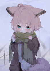 Rule 34 | 1girl, ahoge, alternate costume, animal ears, arknights, blue eyes, blush, brown jacket, closed mouth, commentary, fox ears, fox girl, fox tail, green scarf, infection monitor (arknights), jacket, long sleeves, pink hair, scarf, short hair, solo, sussurro (arknights), tail, unitedunti