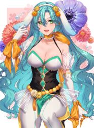 Rule 34 | 1girl, :d, aqua hair, bare shoulders, breasts, chloe (fire emblem), choker, cleavage, commentary request, detached sleeves, earrings, elbow gloves, fire emblem, fire emblem engage, fire emblem heroes, flower, gloves, green eyes, hair between eyes, highres, jewelry, large breasts, long hair, nintendo, official alternate costume, open mouth, orange choker, pantyhose, pink flower, puffy short sleeves, puffy sleeves, short sleeves, smile, solo, thighs, tomo shirasu, very long hair, white gloves, white pantyhose
