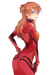 Rule 34 | 10s, 1girl, ass, bad id, bad pixiv id, blue eyes, blush, bodysuit, bracer, breasts, brown hair, closed mouth, colored eyelashes, cowboy shot, evangelion: 3.0 you can (not) redo, expressionless, face, from side, gloves, hair between eyes, hair ornament, hand on own hip, hand on own thigh, headgear, lips, long hair, looking at viewer, looking back, neon genesis evangelion, nose, parted bangs, pilot suit, plugsuit, rebuild of evangelion, simple background, sketch, small breasts, solo, somaline, souryuu asuka langley, turtleneck, two side up, white background