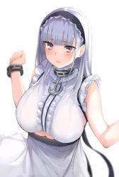 Rule 34 | 1girl, :o, anchor choker, apron, azur lane, bare shoulders, black hairband, black skirt, blunt bangs, blurry, blurry background, blush, bracelet, breasts, center frills, choker, clothing cutout, commentary request, depth of field, dido (azur lane), frilled apron, frilled choker, frilled shirt, frills, hairband, jewelry, lace-trimmed hairband, lace trim, large breasts, long hair, looking at viewer, maid apron, marble (marblesized), purple eyes, shirt, sidelocks, silver hair, simple background, skirt, sleeveless, sleeveless shirt, solo, standing, underboob, underboob cutout, upper body, w arms, waist apron, white apron, white background