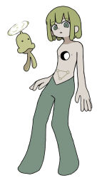 Rule 34 | 1boy, arms at sides, blonde hair, body markings, creature, flying, full body, green eyes, green pants, hole in chest, hole on body, hyohyo (kaiba), kaiba, kaiba (character), looking at viewer, lowleg, lowleg pants, male focus, nipples, open mouth, pants, short hair, simple background, solo, topless male, umi ha kirai, white background