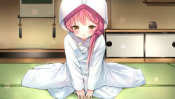 Rule 34 | 1girl, architecture, blush, bride, commentary request, commission, east asian architecture, facing viewer, flower, hair flower, hair ornament, hanging scroll, highres, hood, hood up, indoors, japanese clothes, kimono, kneeling, kurama koharu, light particles, long hair, looking down, natsushima memo, parted lips, pink hair, pixiv commission, scroll, senren banka, shiromuku, side ponytail, solo, straight-on, tatami, uchikake, yellow eyes