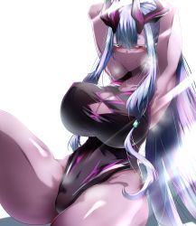 Rule 34 | 1girl, absurdres, armpits, ass, black one-piece swimsuit, breasts, cleavage, cleavage cutout, clothing cutout, competition swimsuit, curvy, dark-skinned female, dark skin, fate/grand order, fate (series), hand up, highleg, highleg swimsuit, highres, horns, huge ass, huge breasts, ibuki douji (fate), ibuki douji (swimsuit berserker) (fate), ibuki douji (swimsuit berserker) (first ascension) (fate), lips, long hair, looking at viewer, monster, monster girl, one-piece swimsuit, oni horns, red eyes, revealing clothes, seductive smile, shiny clothes, shiny skin, sitting, smile, solo, sweat, swimsuit, thick thighs, thighs, very long hair, wide hips