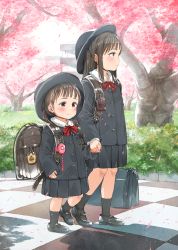 Rule 34 | 2girls, backpack, bag, black footwear, black hair, black headwear, black jacket, black legwear, black skirt, blouse, blush, bow, cherry blossoms, closed mouth, collared shirt, commentary request, crime prevention buzzer, day, gomennasai, hat, highres, holding hands, jacket, long sleeves, matching outfits, multiple girls, original, outdoors, pleated skirt, randoseru, red bow, red eyes, school hat, shirt, shoes, siblings, sisters, skirt, sleeves past wrists, smile, socks, tree, walking, white shirt