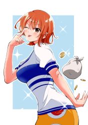 Rule 34 | 1girl, border, breasts, brown eyes, brown hair, coin, highres, hn (folder), large breasts, money bag, nami (one piece), one eye closed, one piece, shirt, short hair, short sleeves, skirt, sparkle, striped clothes, striped shirt, tongue, tongue out, white border, white shirt, yellow skirt