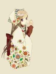 Rule 34 | 1girl, bonnet, brown hair, cropped torso, expressionless, floral print, from side, lipstick, long hair, long sleeves, looking at viewer, makeup, original, own hands together, praying, purple eyes, rakishisu (rakisicc), sepia background, simple background, sleeves past wrists, solo, turtleneck, upper body, wide sleeves