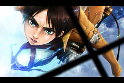 Rule 34 | 1boy, black hair, brown hair, cable, close-up, cloud, eren yeager, flight, foreshortening, green eyes, image sample, insignia, jacket, lens flare, letterboxed, lips, lun2004, male focus, shingeki no kyojin, sky, solo, sword, three-dimensional maneuver gear, weapon, wrinkled skin
