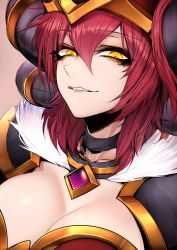Rule 34 | alexstrasza, blizzard, breasts, cleavage, close-up, highres, horns, j.k., red hair, smile, solo, warcraft, world of warcraft, yellow eyes