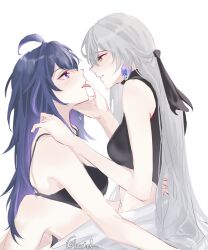 Rule 34 | 2girls, ahoge, alternate costume, black headwear, black shirt, blue eyes, blue hair, blush, bronya rand, commentary, couple, english commentary, girl on top, glaciel, grey eyes, grey hair, hand on another&#039;s face, hand on another&#039;s shoulder, highres, honkai: star rail, honkai (series), long hair, midriff, multiple girls, navel, pants, parted lips, seele (honkai: star rail), shirt, simple background, sitting, sitting on person, sleeveless, tongue, tongue out, twitter username, white background, white pants, yuri