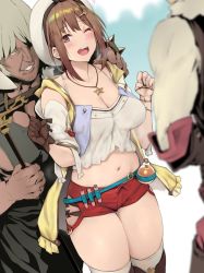 Rule 34 | 1girl, 2boys, atelier (series), atelier ryza, atelier ryza 1, belt, beret, blush, breasts, brown eyes, brown gloves, brown hair, brown thighhighs, cleavage, dark-skinned male, dark skin, flask, gloves, hair ornament, hairclip, hat, highres, jewelry, kurowa, large breasts, multiple boys, nanpa, navel, necklace, one eye closed, open mouth, red shorts, reisalin stout, round-bottom flask, short shorts, shorts, single glove, smile, solo focus, star (symbol), star necklace, sweat, sweatdrop, thick thighs, thighhighs, thighs, vial, you gonna get raped