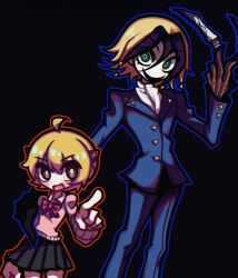 Rule 34 | &gt;:), 1boy, 1girl, ahoge, ayekakachan, black background, black footwear, blonde hair, blue outline, blue pants, blue suit, bob cut, bow, bowtie, brown eyes, claws, commentary, cropped, dark background, dyed bangs, eyes visible through hair, flipped hair, formal, gloves, green eyes, grey skirt, hair between eyes, hair ornament, hairclip, hand on another&#039;s arm, hand on another&#039;s hip, height difference, highres, jacket, katsuragi yako, long sleeves, majin tantei nougami neuro, medium hair, multicolored hair, nougami neuro, outline, pants, petite, pink sweater, pixie cut, pleated skirt, pointing, pointing at viewer, red outline, shirt, short hair, simple background, skirt, smile, standing, suit, suit jacket, sweater, two-tone hair, v-shaped eyebrows, white shirt