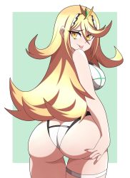 Rule 34 | 1girl, absurdres, abysswatchers, ass, bare shoulders, blonde hair, breasts, butt crack, earrings, gem, hair between eyes, hand on own ass, headpiece, highres, huge ass, jewelry, large breasts, long hair, looking at viewer, mythra (radiant beach) (xenoblade), mythra (xenoblade), one-piece swimsuit, sidelocks, simple background, smile, solo, strapless, strapless one-piece swimsuit, swept bangs, swimsuit, thigh strap, thighs, tiara, tongue, tongue out, very long hair, white one-piece swimsuit, xenoblade chronicles (series), xenoblade chronicles 2, yellow eyes