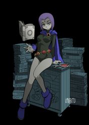 Rule 34 | 1girl, animification, ankle boots, arm support, bad id, bad pixiv id, belt, black background, black leotard, book, boots, breasts, cape, cartoon network, cloak, colored skin, dc comics, facing viewer, floating, floating book, floating object, forehead jewel, frown, full body, grey skin, half-closed eyes, leotard, looking at viewer, magic, mirror, open book, purple cape, purple footwear, purple hair, raven (dc), reading, shaded face, short hair, simple background, sitting, small breasts, solo, teen titans, umibito