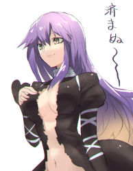 Rule 34 | 1girl, black dress, breasts, brown eyes, brown hair, chromatic aberration, dress, gradient hair, hand on own chest, hijiri byakuren, juliet sleeves, kinketsu, large breasts, long hair, long sleeves, midriff, multicolored hair, navel, no bra, open clothes, open dress, puffy sleeves, purple hair, simple background, smile, solo, text focus, touhou, translated, turtleneck, white background