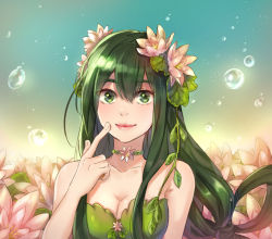 Rule 34 | 10s, 1girl, annabel-m, asui tsuyu, bare arms, bare shoulders, boku no hero academia, bound, bound wrists, breasts, bubble, choker, cleavage, closed mouth, dress, fingernails, flower, green dress, green eyes, green hair, hair between eyes, hair flower, hair ornament, hair rings, leaf, leaf on head, lips, long hair, looking at viewer, lotus, medium breasts, pink lips, smile, solo, upper body