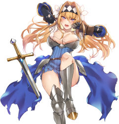 Rule 34 | 1girl, armor, blonde hair, blue eyes, blush, breasts, flower, gauntlets, greaves, hair flower, hair intakes, hair ornament, headband, highres, knight, long hair, looking at viewer, open mouth, original, shindou (fuguri), solo, sweat, sword, torn clothes, weapon