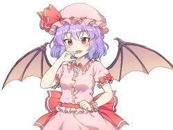 Rule 34 | 1girl, :d, bat wings, blue hair, blush, bow, breasts, brown wings, collared shirt, commentary request, fang, frilled shirt, frilled shirt collar, frills, hair between eyes, hand up, hat, hat ribbon, kaoling, mob cap, open mouth, pink hat, pink shirt, pink skirt, puffy short sleeves, puffy sleeves, red bow, red eyes, red ribbon, remilia scarlet, ribbon, shirt, short sleeves, simple background, skirt, small breasts, smile, solo, touhou, white background, wings