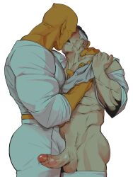 2boys abs allen_(invincible) ass bara black_hair bonjourdraws clothes_pull erection facial_hair grey_hair highres invincible_(series) kiss large_pectorals male_focus mature_male multicolored_hair multiple_boys muscular muscular_male mustache navel nolan_grayson pants pants_pull pectorals penis shirt short_hair testicles two-tone_hair white_pants white_shirt yaoi